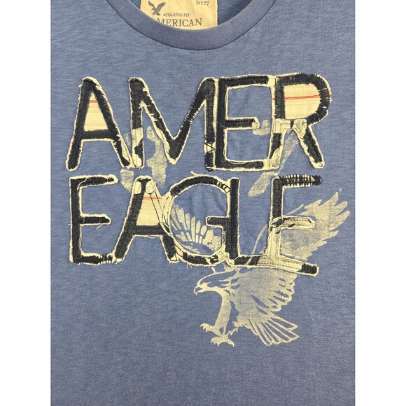 American Eagle Men's T-Shirt Distressed Sewn On Logo Blue Size Large Y2K Vibes - Picture 3 of 8